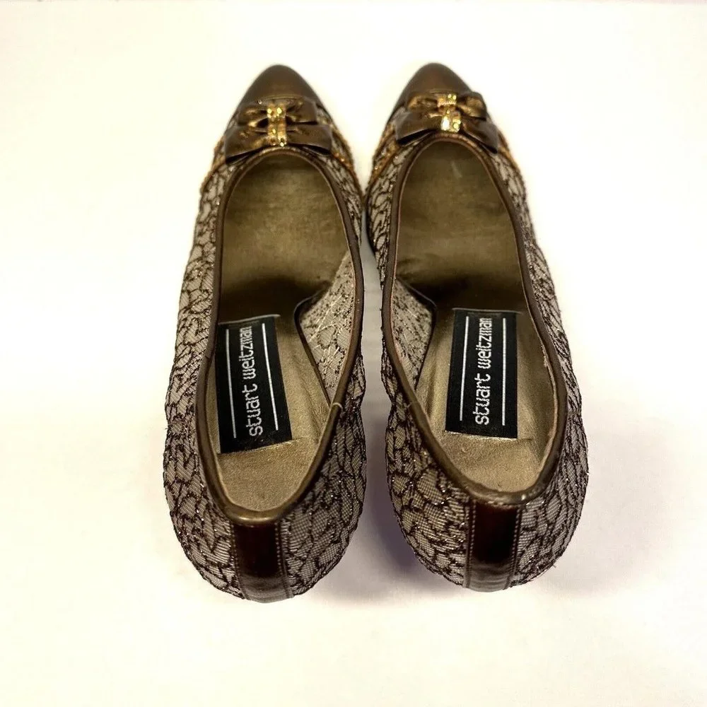 STUART WEITZMAN Womens Heels Shoes Size 6B Brown Guipure Lace Beaded Bow - Picture 4 of 13